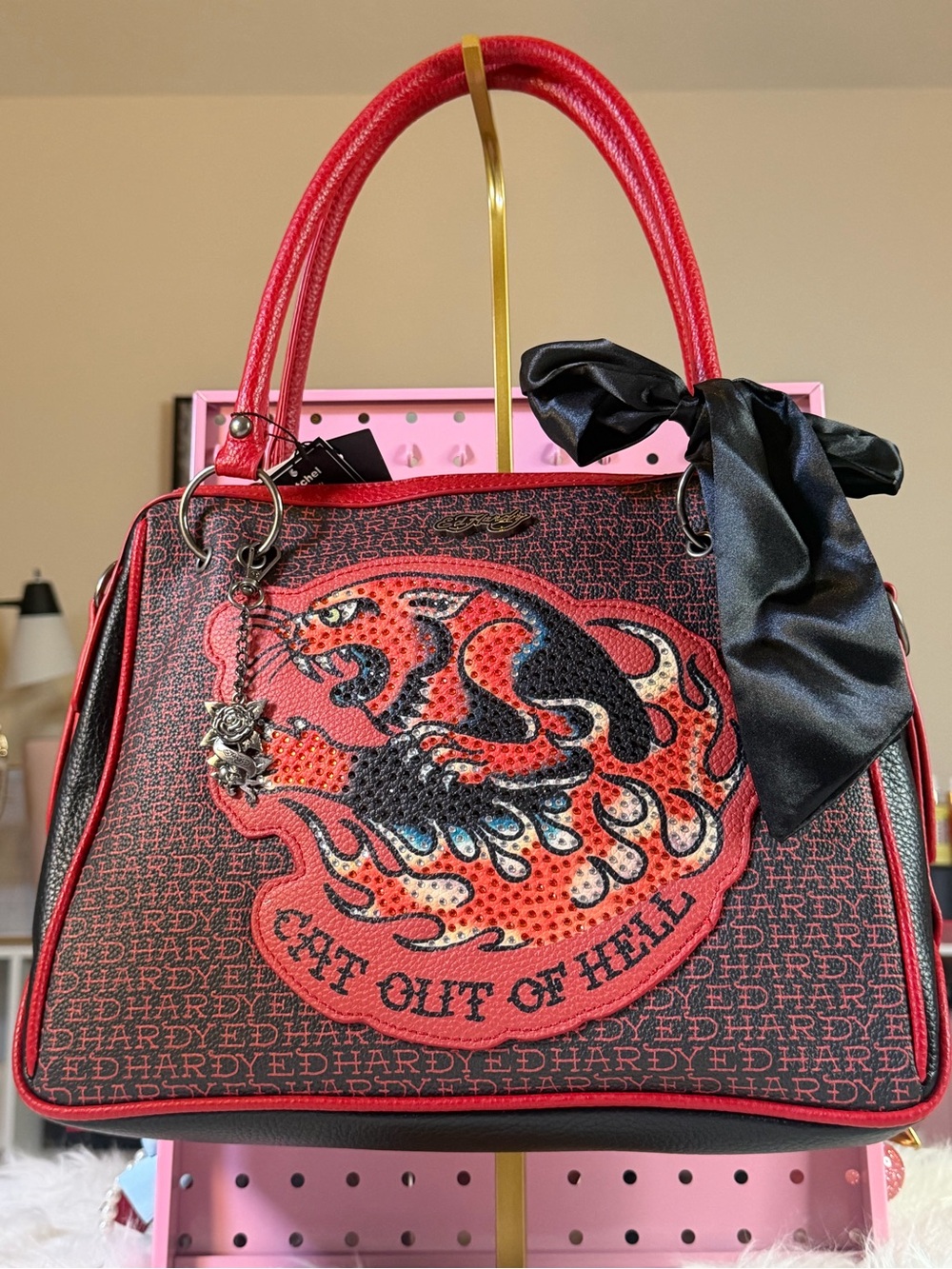 Ed Hardy Red Graphic Tiger Satchel Handbag with Black Bow